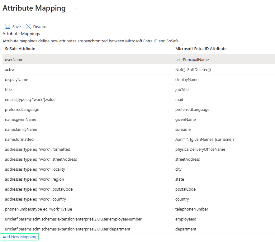 Attribute Mappings table in Microsoft Entra ID listing standard SCIM fields such as userName, displayName, and address attributes, with the Add New Mapping link highlighted at the bottom.