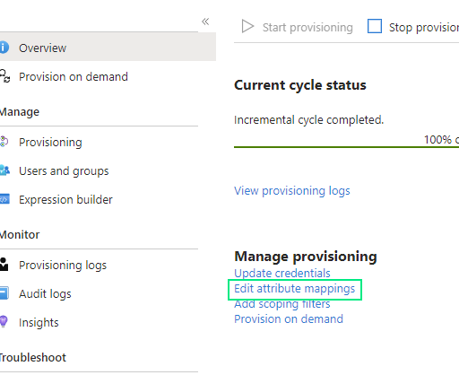 Microsoft Entra ID Provisioning overview page with Edit attribute mappings highlighted under Manage provisioning, next to Update credentials, Add scoping filters, and Provision on demand.