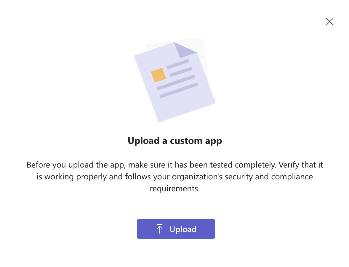 Upload a custom app dialog in the Microsoft Teams admin center, with the Upload button shown below a reminder to test the app and confirm it follows security and compliance requirements.
