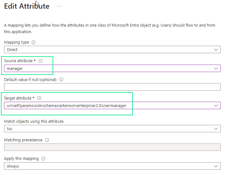 Edit Attribute dialog in Microsoft Entra ID with mapping type Direct, and Source attribute set to manager and Target attribute set to the enterprise manager URI both highlighted, above Match objects using this attribute set to No.