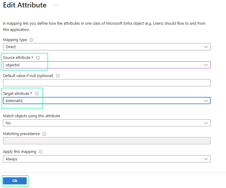 Edit Attribute dialog with mapping type Direct, Source attribute set to objectId and Target attribute set to externalId, both highlighted, and the OK button highlighted below to save the mapping.