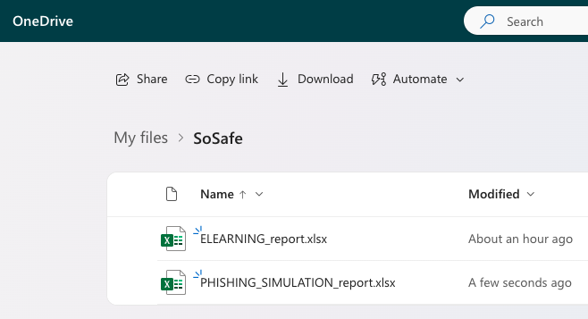 OneDrive My files, SoSafe folder containing ELEARNING_report.xlsx and PHISHING_SIMULATION_report.xlsx, with Share, Copy link, Download, and Automate options in the toolbar above.