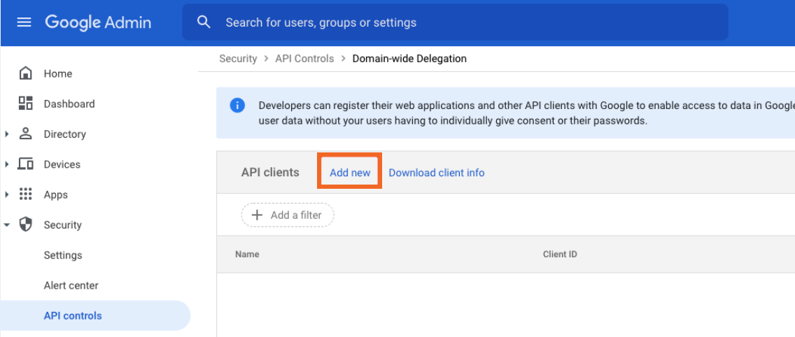 Google Admin console Domain-wide Delegation page with the Add new link highlighted next to Download client info, above an empty API clients table with Name and Client ID columns.