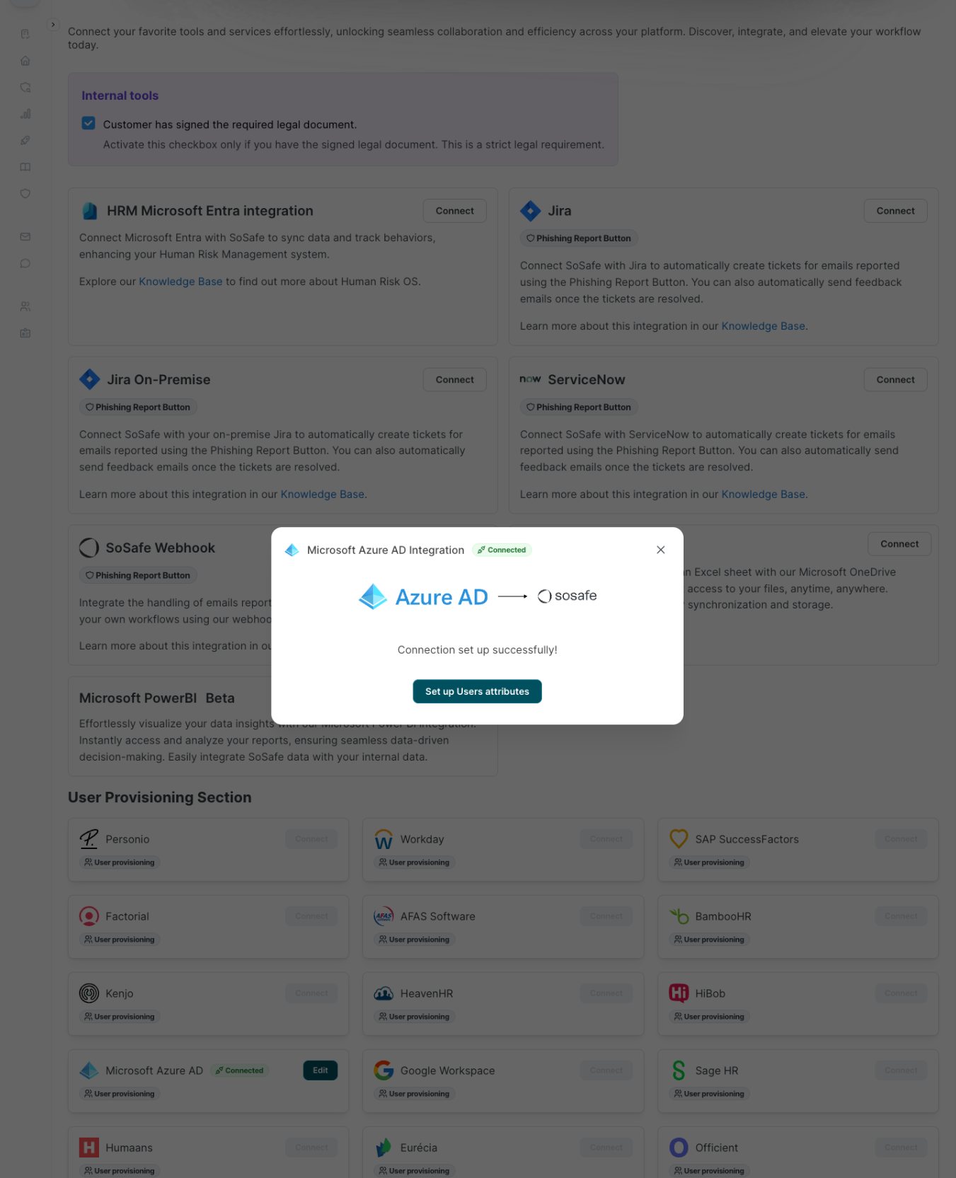 Confirmation dialog in SoSafe Manager reading Connection set up successfully, showing an arrow from Azure AD to SoSafe and a Set up Users attributes button, layered over the Integrations page in the background.