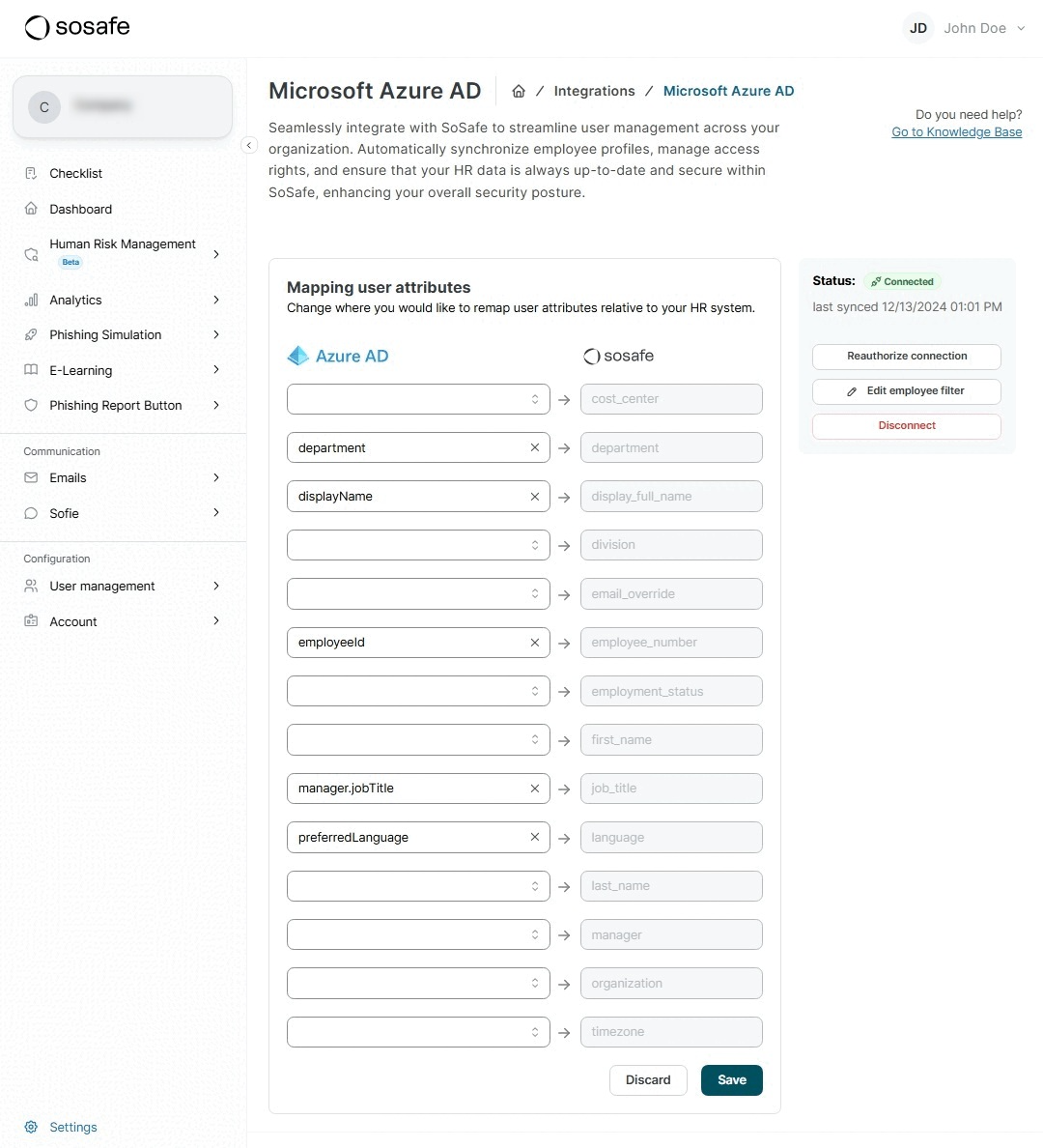 Microsoft Azure AD integration page in SoSafe Manager, showing the Mapping user attributes section with Azure AD fields like department and employeeId mapped to SoSafe fields such as department and job_title. The connection status on the right reads Connected.