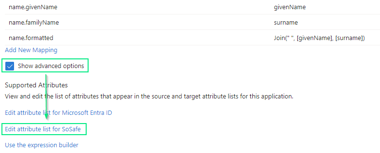 Attribute mapping list in Microsoft Entra ID with the Show advanced options checkbox and the Edit attribute list for SoSafe link both highlighted, below the Edit attribute list for Microsoft Entra ID link.