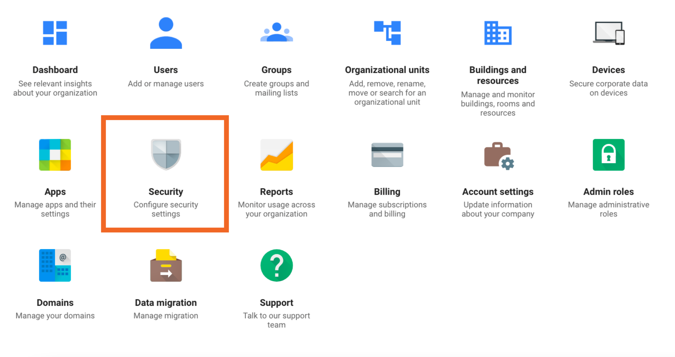 Google Workspace Admin console home page with the Security tile highlighted in the app grid, alongside Apps, Reports, Billing, Account settings, and Admin roles.