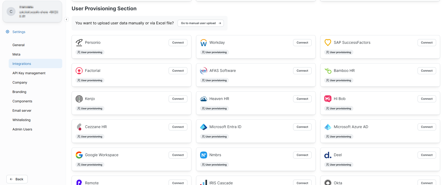 SoSafe Manager Settings page, Integrations tab, User Provisioning section listing HRIS connectors such as Personio, Workday, SAP SuccessFactors, Microsoft Entra ID, and Google Workspace, each with a Connect button.