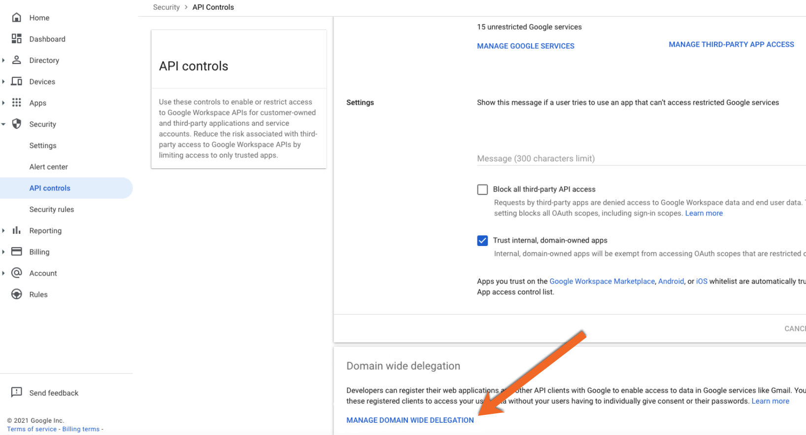 Google Admin console API controls page with Manage Domain Wide Delegation marked by an arrow at the bottom, below Settings options including Trust internal domain-owned apps, which is checked.