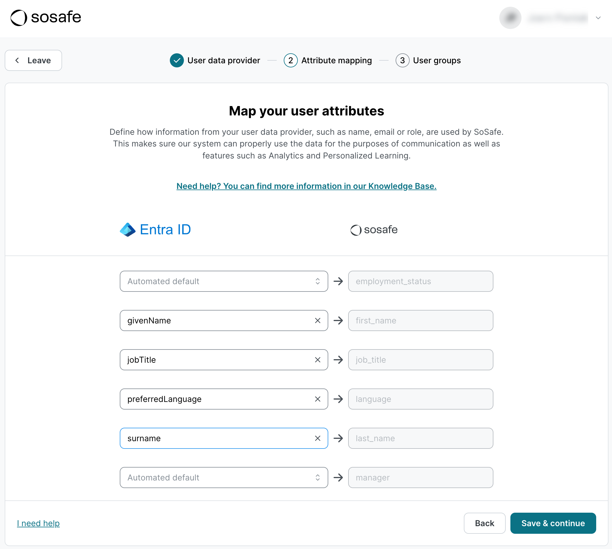 Map your user attributes step, showing Entra ID fields such as givenName, jobTitle, preferredLanguage, and surname mapped to SoSafe fields first_name, job_title, language, and last_name, with two fields left on automated default.