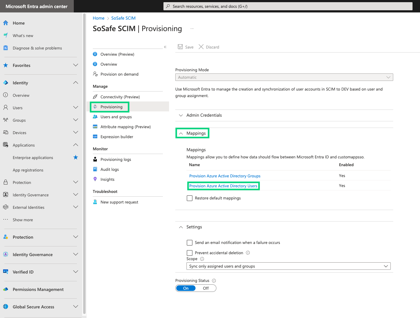 Microsoft Entra admin center, SoSafe SCIM application Provisioning page, with Provisioning marked in the left navigation. The Mappings section is expanded, highlighting Provision Azure Active Directory Users above Provision Azure Active Directory Groups.