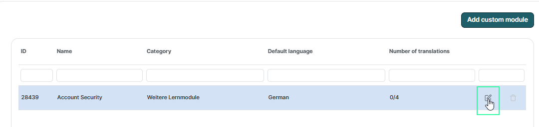 SoSafe Manager custom modules overview listing the Account Security module in German with 0 of 4 translations, with the Edit icon highlighted in the Actions column.
