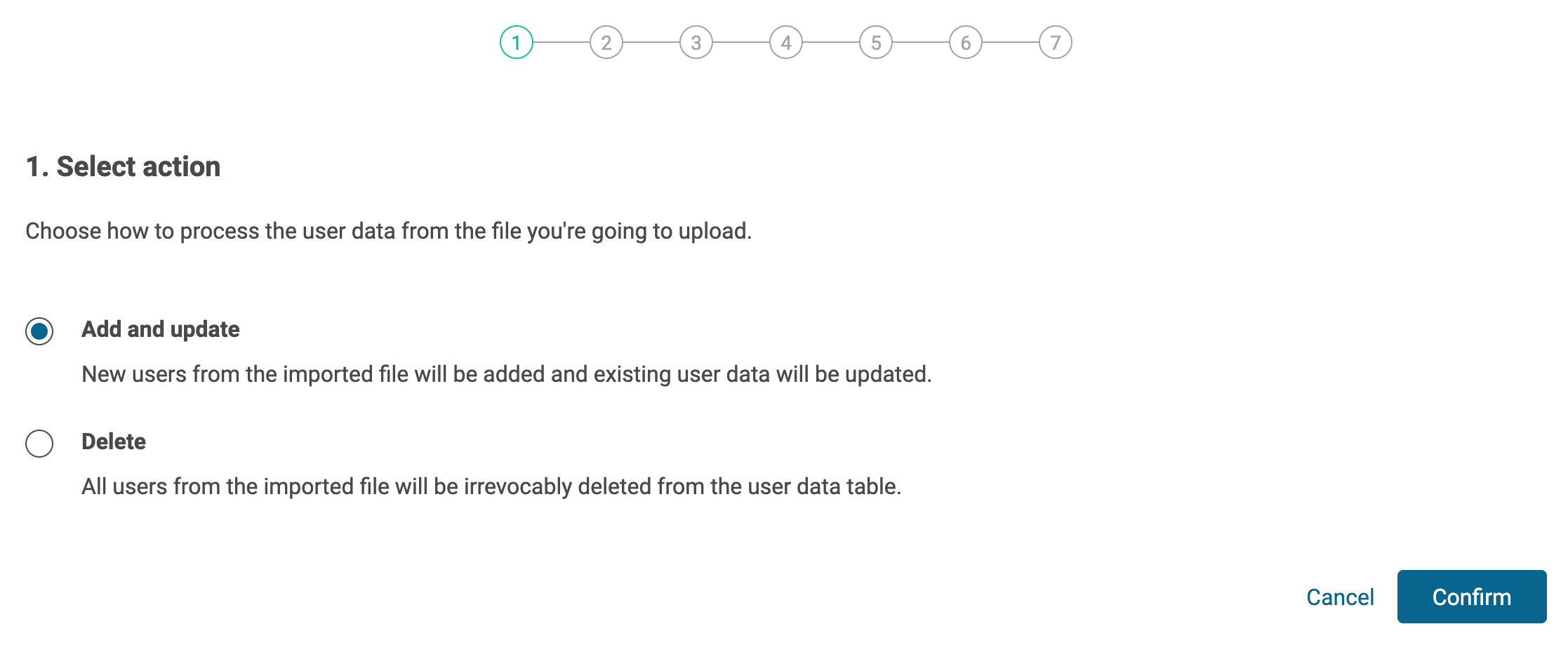 SoSafe user data import wizard, step 1 of 7, Select action, with Add and update chosen over Delete. New users will be added and existing records updated, with the Confirm button below.