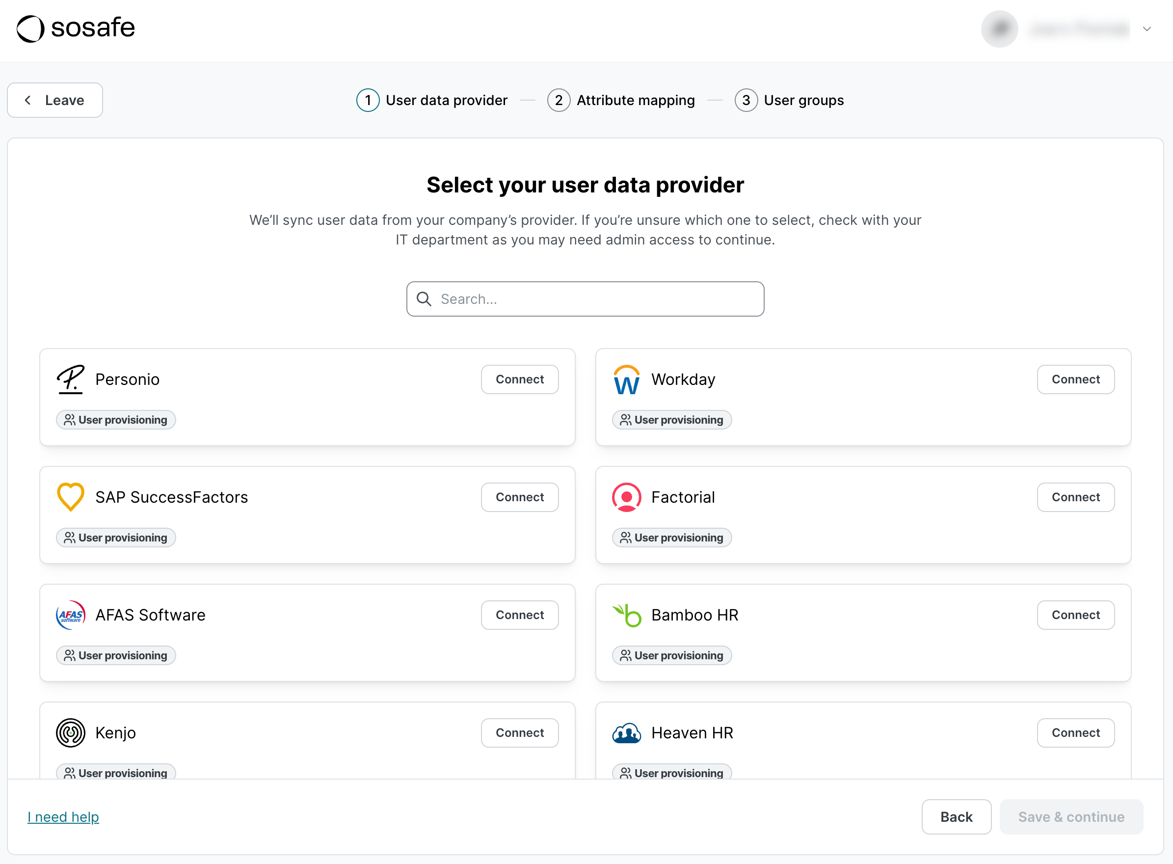 SoSafe Select your user data provider screen listing HRIS options such as Personio, Workday, SAP SuccessFactors, Factorial, AFAS Software, and Bamboo HR, each with a Connect button, above a search field.