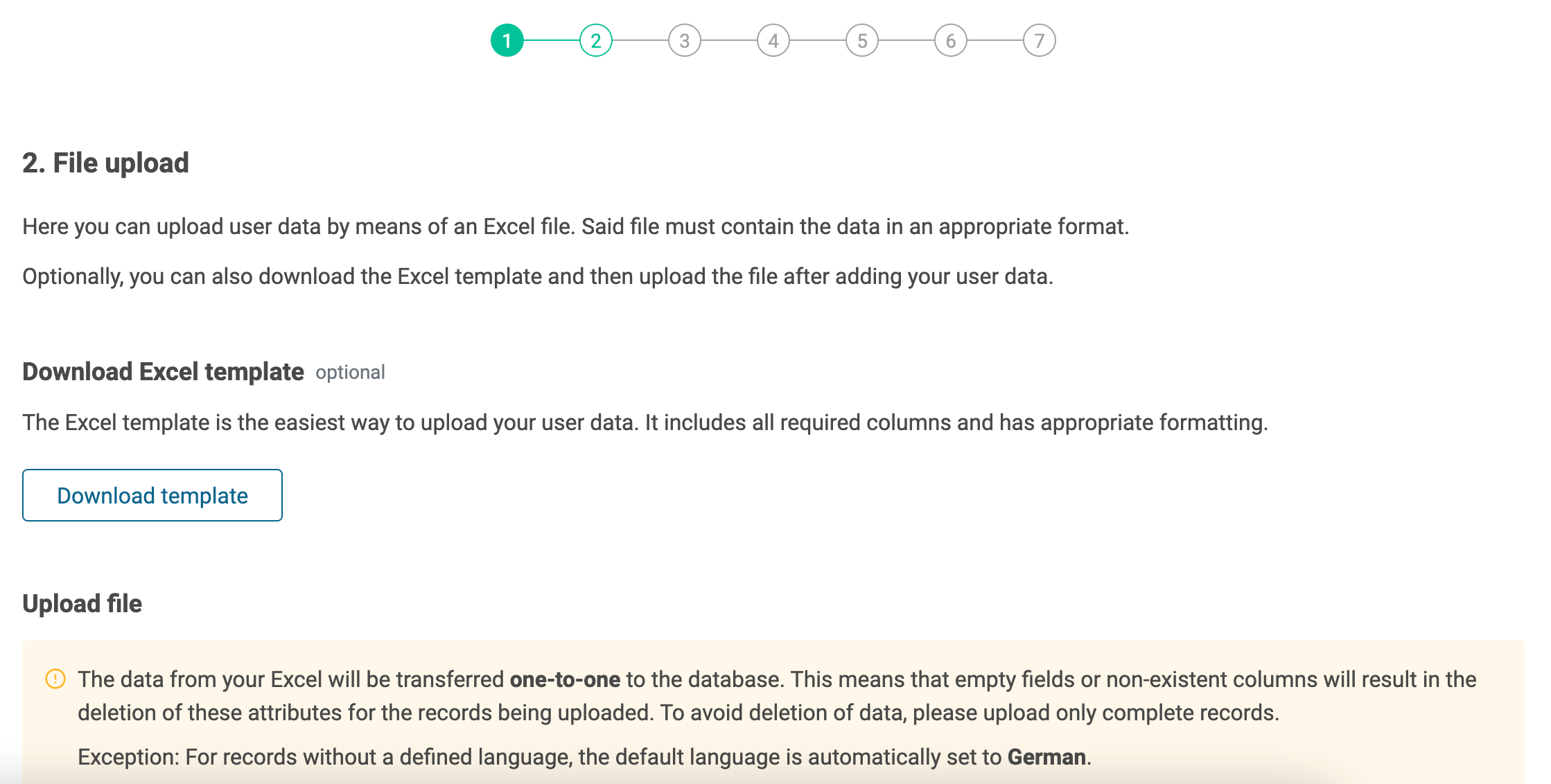 SoSafe user data import wizard, step 2, File upload, with a Download template button above the Upload file area. A warning notes empty fields delete existing attributes, and records without a language default to German.