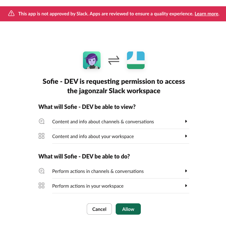 Slack installation screen showing a red banner warning that the app is not approved by Slack, above the permission dialog asking to allow Sofie access to view and act in channels and the workspace.