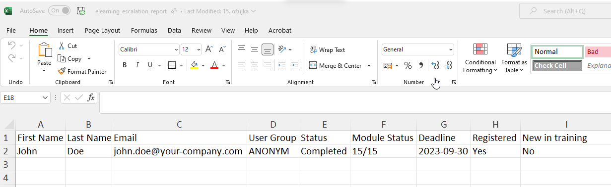 Excel spreadsheet named elearning_escalation_report attached to the classic E-Learning escalation email, with columns for first name, last name, email, user group, status, module status, deadline, registered, and new in training.