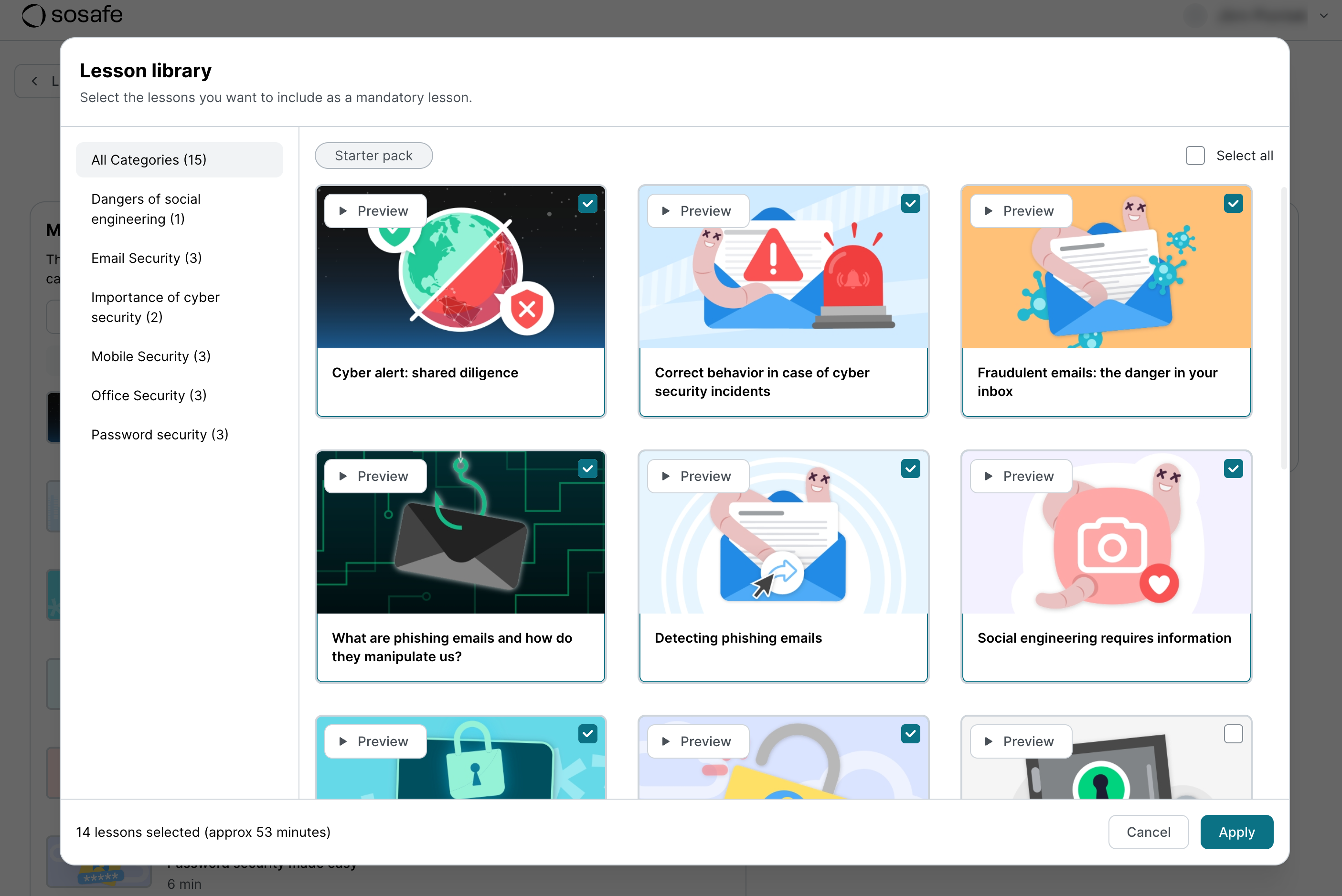 Lesson library dialog with category filters on the left, including Email Security and Mobile Security, and a grid of lesson cards with Preview buttons such as Fraudulent emails and Detecting phishing emails. The footer shows 14 lessons selected, with Cancel and Apply buttons.