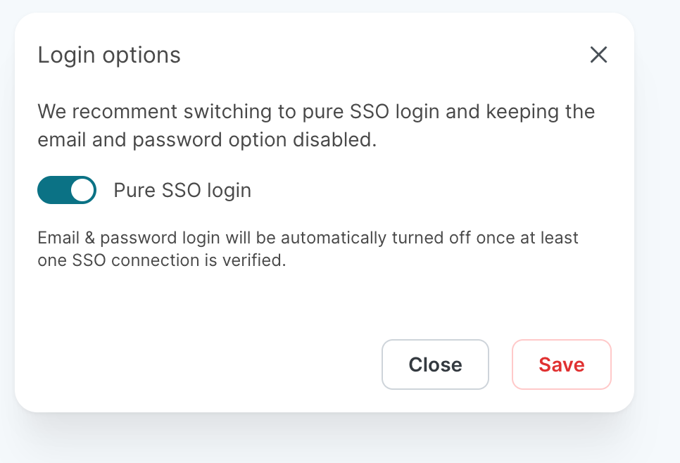 Login options dialog in the SoSafe Manager, with the Pure SSO login toggle switched on and a note that email and password login turns off automatically once an SSO connection is verified.