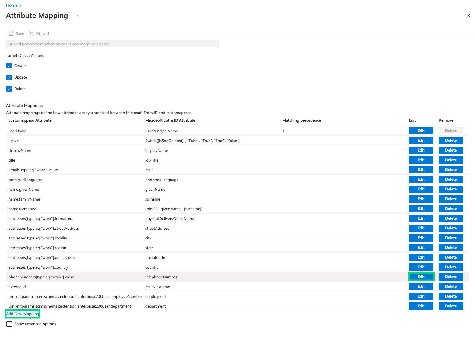 Microsoft Entra ID Attribute Mapping page for the customappsso application, with the phoneNumbers[type eq work].value row and its Edit button highlighted among other attribute mappings such as userName, displayName, and address fields.