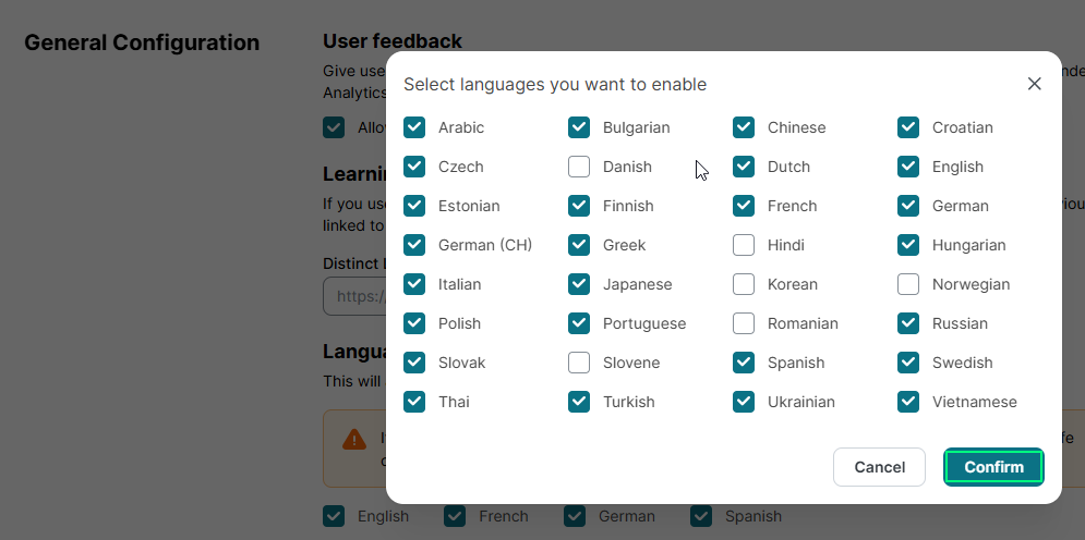 Select languages you want to enable dialog in the SoSafe Manager, listing many languages as checkboxes with most already selected. A few, including Danish, Hindi, Korean, Norwegian, Romanian, and Slovene, are unchecked. The Confirm button is highlighted at the bottom right.