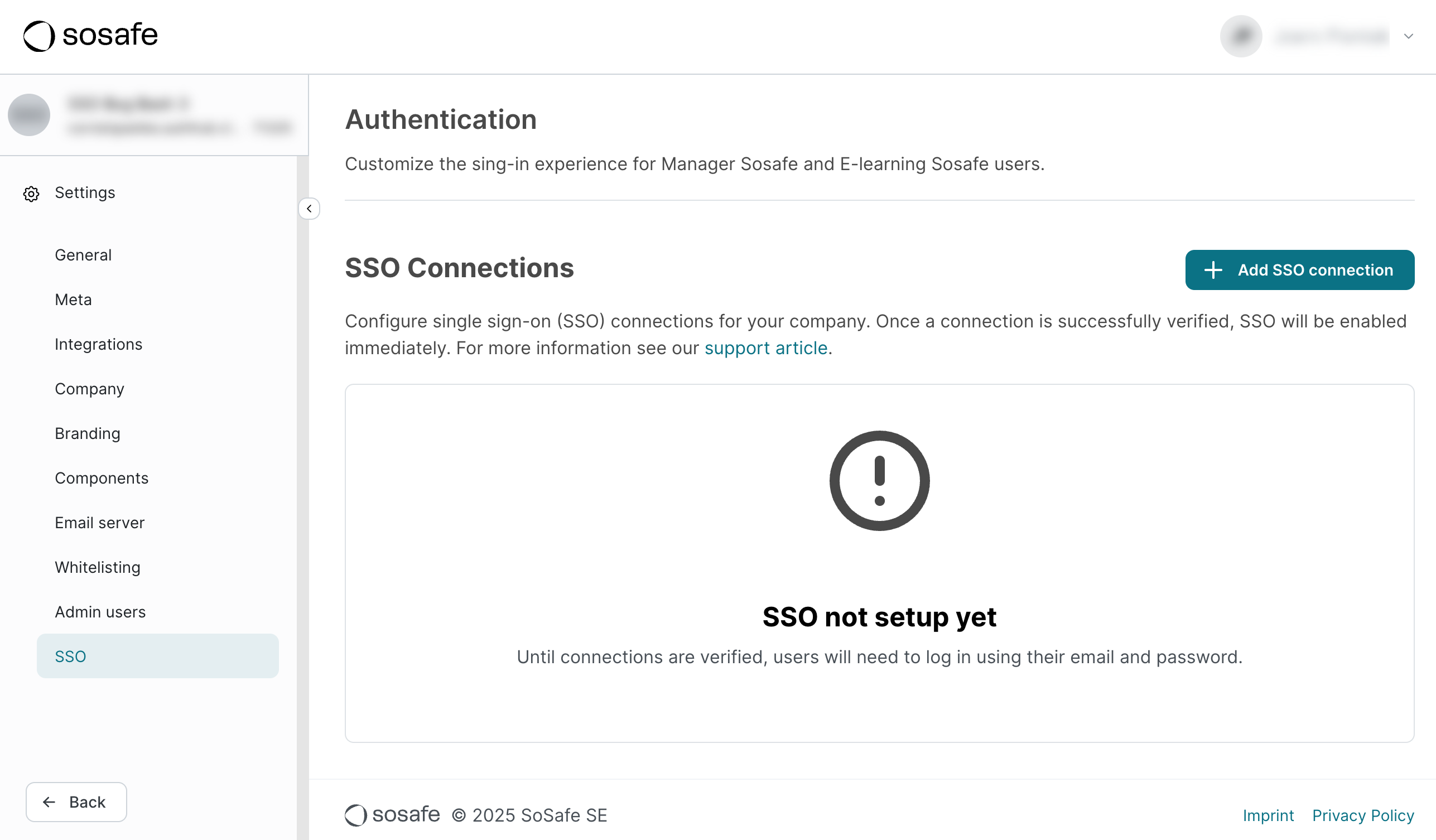 SoSafe Manager Authentication page under Settings, with SSO selected in the left navigation. The SSO Connections section shows no connections configured yet, with an Add SSO connection button and a message that users will log in with email and password until a connection is verified.