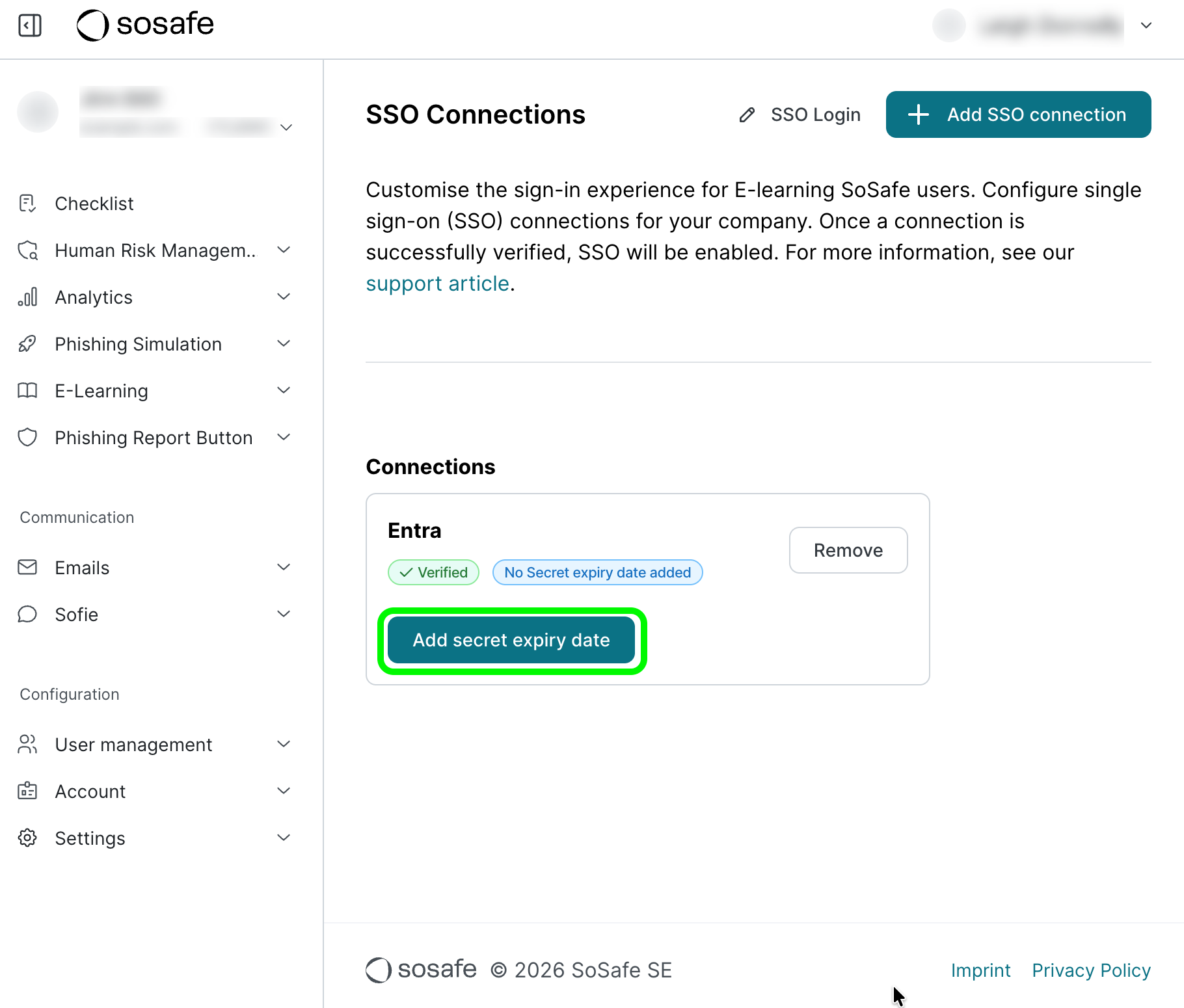 SoSafe Manager SSO Connections page with the Entra connection shown as Verified and no secret expiry date added, and the Add secret expiry date button highlighted.