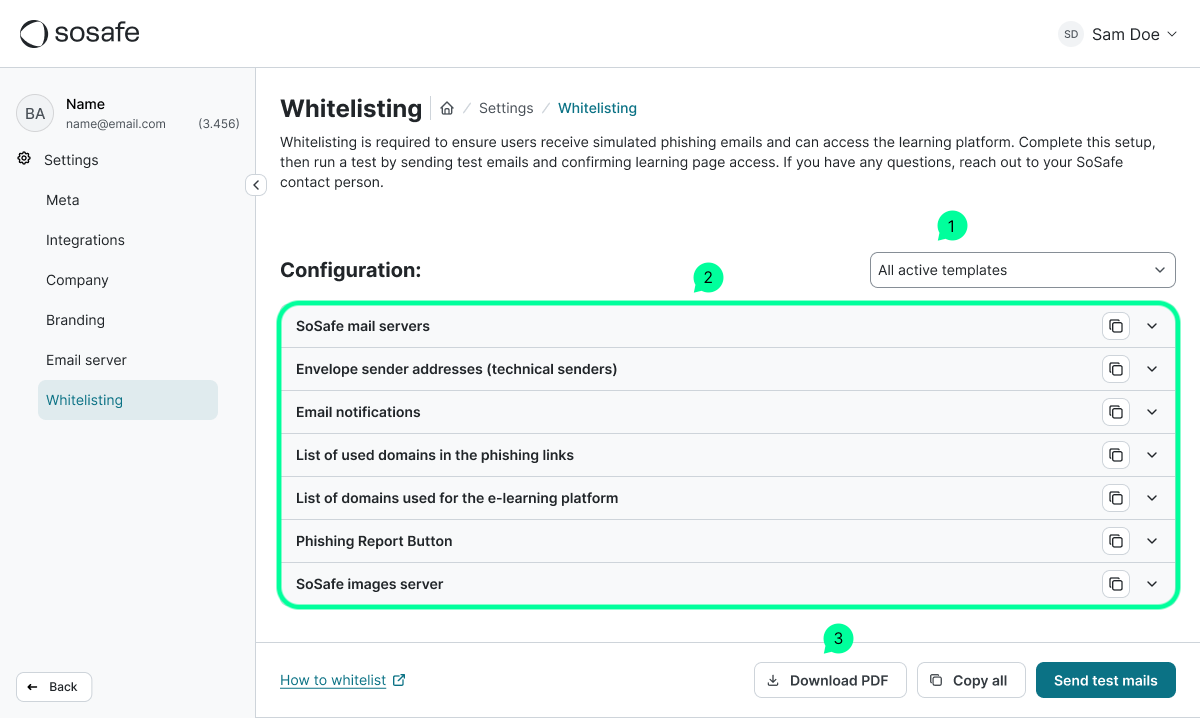 SoSafe Manager Whitelisting settings page with the template filter dropdown marked 1, the list of whitelisting entries such as SoSafe mail servers and Phishing Report Button marked 2, and the Download PDF, Copy all, and Send test mails buttons marked 3.
