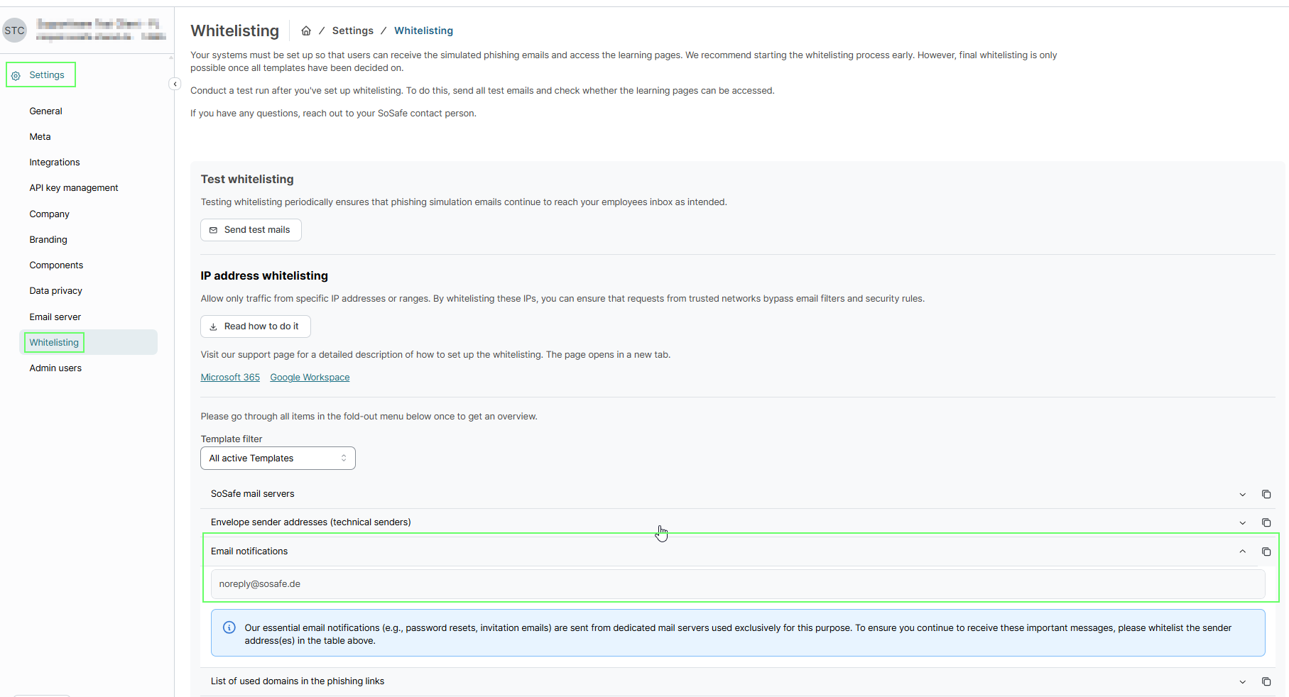 SoSafe Manager Whitelisting page with Settings and Whitelisting highlighted in the left navigation. The expanded Email notifications entry is highlighted, showing the sender address noreply@sosafe.de above a note about whitelisting it for password reset and invitation emails.