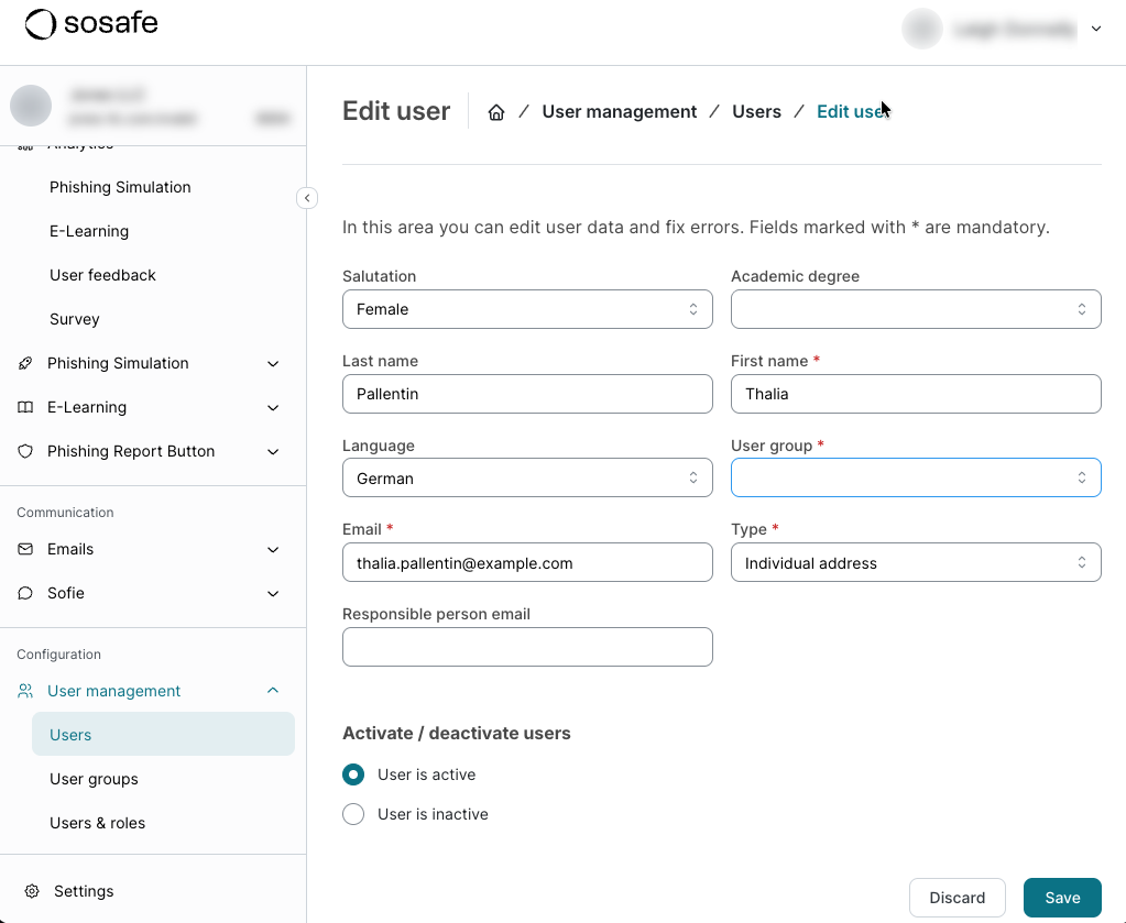 Edit user form with fields for Salutation, Last and First name, Language, User group, Email, and Type filled in, plus a Responsible person email field and User is active selected, with Discard and Save buttons.