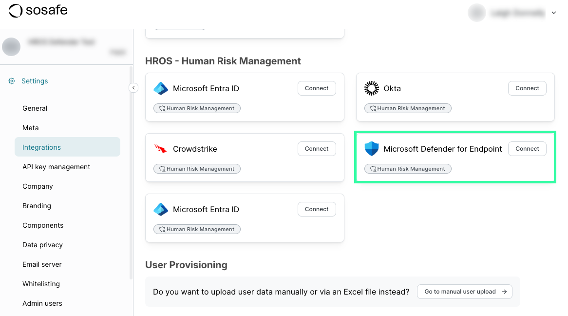 SoSafe Manager Integrations page, HROS Human Risk Management section, with the Microsoft Defender for Endpoint card highlighted next to Connect buttons for Microsoft Entra ID, Okta, and Crowdstrike.