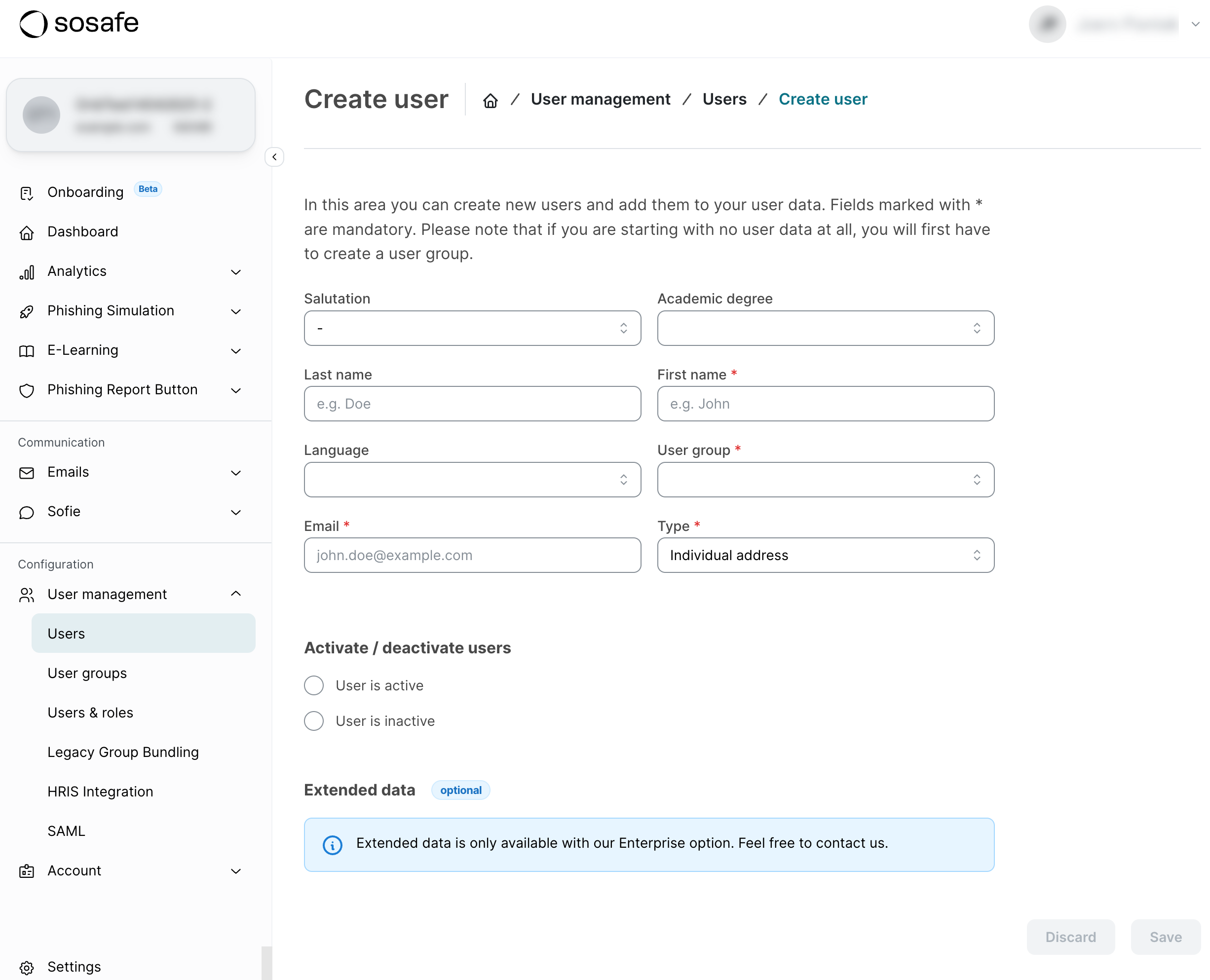 Create user form with fields for Salutation, Academic degree, Last and First name, Language, User group, Email, and Type set to Individual address, plus radio buttons to activate or deactivate the user and a note that extended data needs the Enterprise plan.