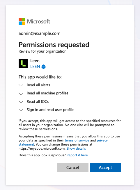 Microsoft permissions consent screen for the Leen app, listing requested permissions Read all alerts, Read all machine profiles, Read all IOCs, and Sign in and read user profile, with Cancel and Accept buttons.