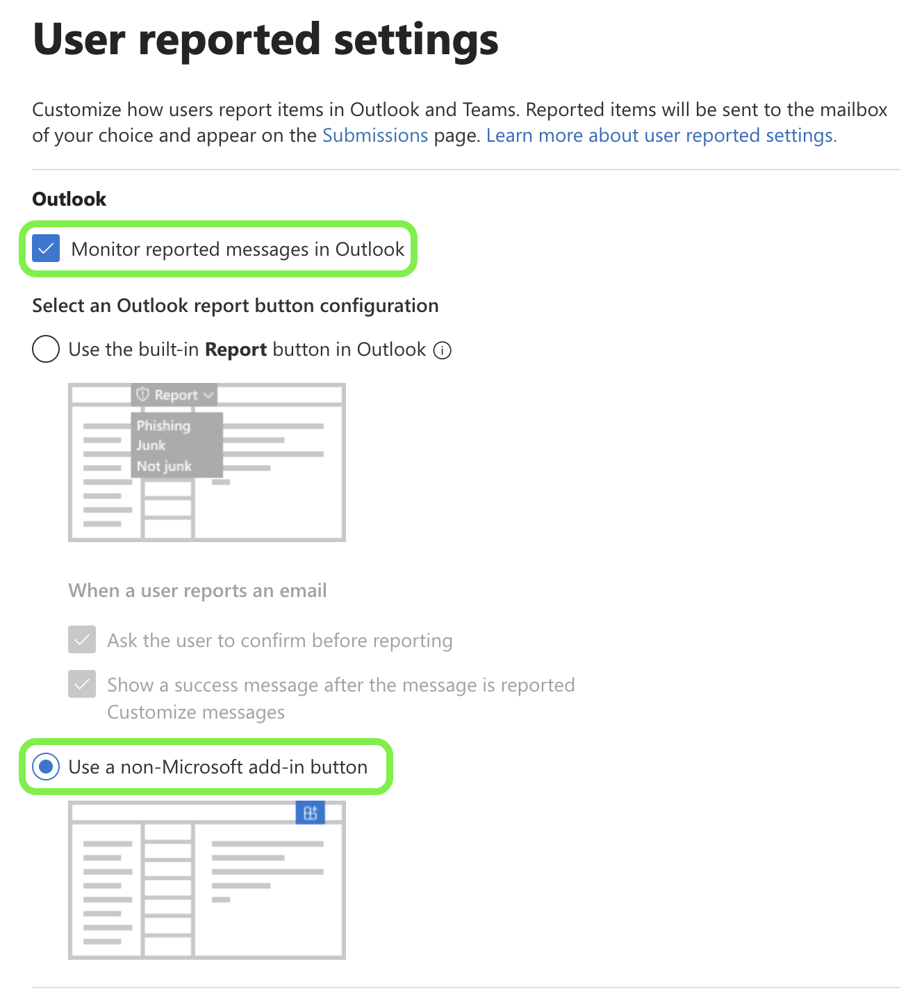 Microsoft Defender User reported settings page for Outlook, with the Monitor reported messages in Outlook checkbox marked and Use a non-Microsoft add-in button selected instead of the built-in Report button.