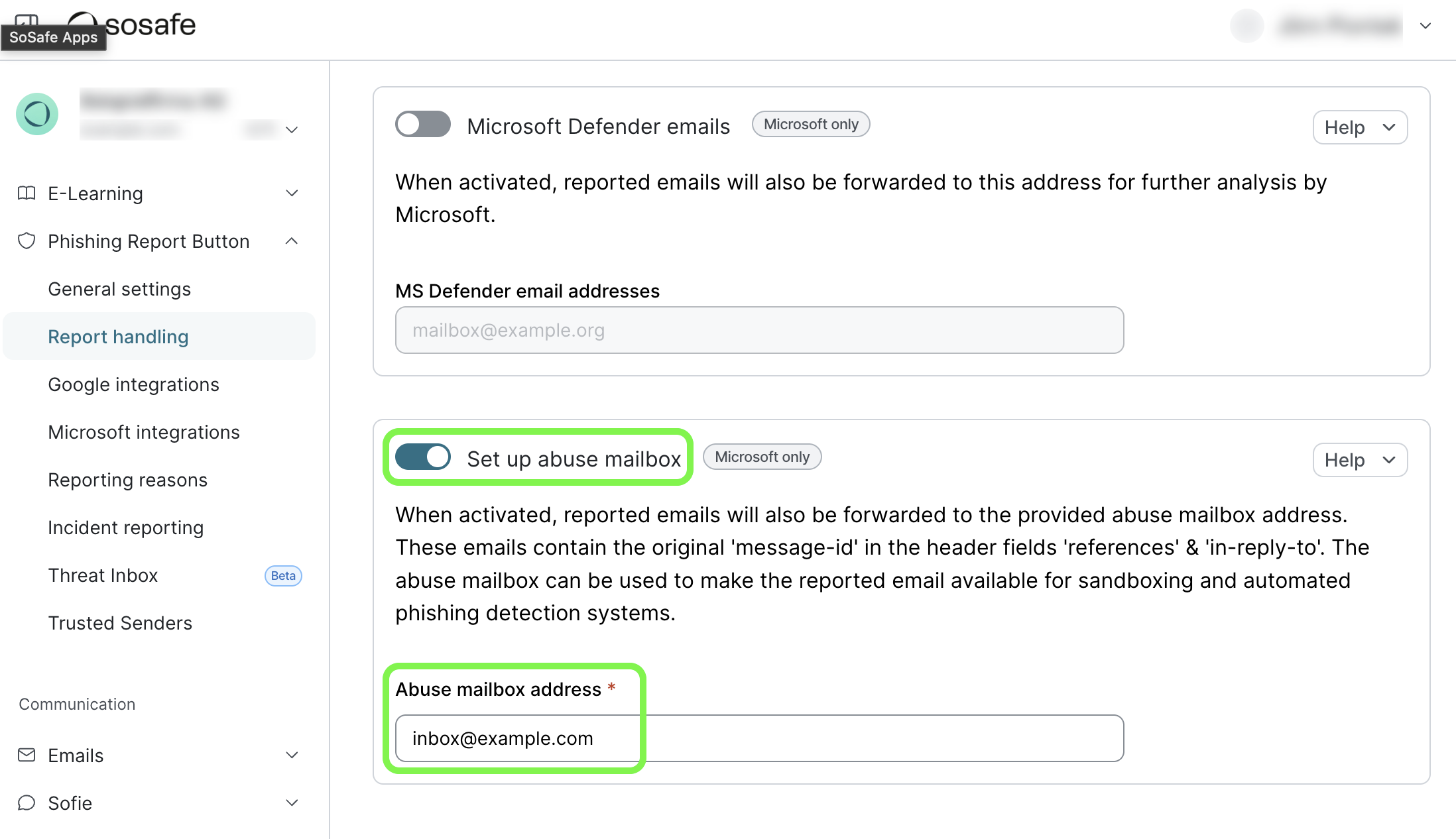 SoSafe Manager Phishing Report Button Report handling page with the Set up abuse mailbox toggle switched on and highlighted, along with the Abuse mailbox address field below it. The Microsoft Defender emails toggle sits above it, currently off.