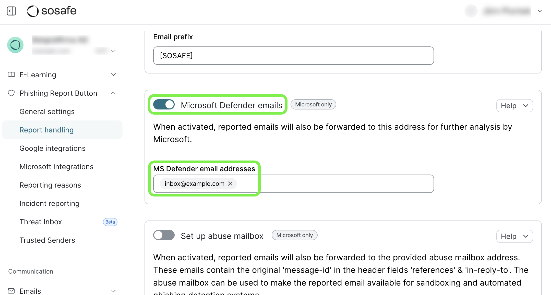 Same SoSafe Manager Report handling page, now with the Microsoft Defender emails toggle switched on and highlighted, and the MS Defender email addresses field showing the entered inbox address below it.