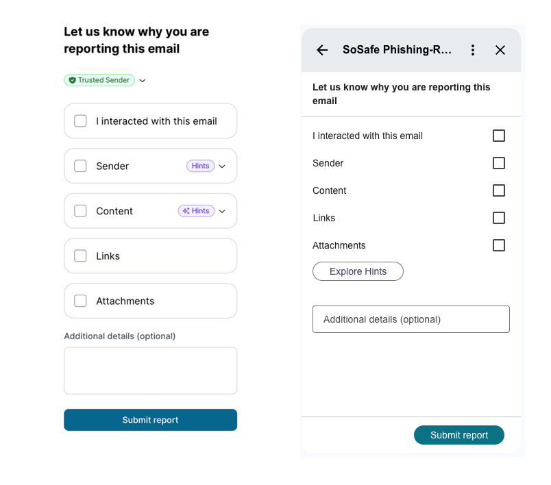 Phishing Report Button reporting dialog shown side by side in desktop and Outlook panel views, both listing reporting reasons I interacted with this email, Sender, Content, Links, and Attachments, a Trusted Sender badge, an optional details field, and a Submit report button.