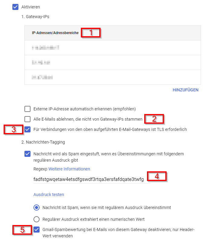 Google Workspace Dialog zum Bearbeiten des Eingangsgateways mit fünf rot nummerierten Markierungen: das Feld Gateway-IPs, die deaktivierte Option zum Ablehnen von E-Mails außerhalb der Gateway-IPs, die aktivierte TLS-Pflicht für die Gateways, das Feld für den regulären Ausdruck beim Nachrichten-Tagging und die aktivierte Option, die Gmail-Spambewertung zu deaktivieren.