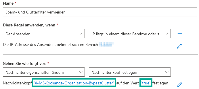 Dieselbe Regel mit dem festgelegten Nachrichtenkopf X-MS-Exchange-Organization-BypassClutter und dem Wert true.