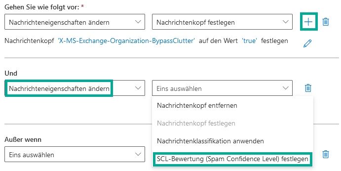 Dieselbe Regel nach Klick auf das blaue Plus-Symbol zum Hinzufügen einer weiteren Aktion. In der neuen Zeile Und ist Nachrichteneigenschaften ändern gewählt, im geöffneten Dropdown-Menü ist SCL-Bewertung (Spam Confidence Level) festlegen markiert.
