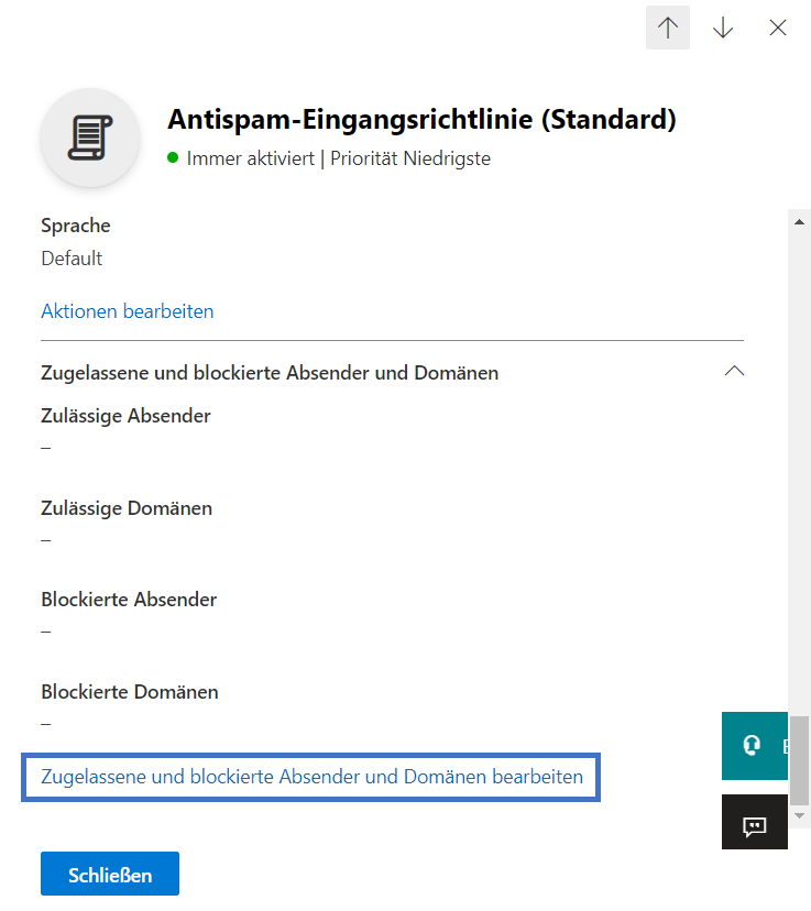 Microsoft Defender Antispam-Eingangsrichtlinie Standard Dialogfenster mit aufgeklapptem Bereich Zugelassene und blockierte Absender und Domänen, alle Listen noch leer. Der Link Zugelassene und blockierte Absender und Domänen bearbeiten ist blau markiert.