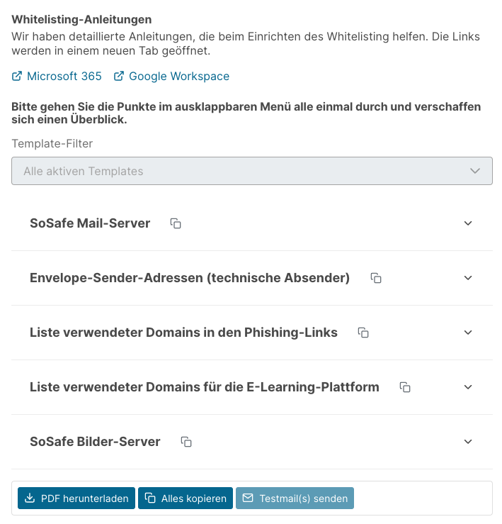 SoSafe Manager, Einstellungen Whitelisting, mit den einklappbaren Bereichen SoSafe Mail-Server, Envelope-Sender-Adressen, Liste verwendeter Domains in den Phishing-Links, Liste verwendeter Domains für die E-Learning-Plattform und SoSafe Bilder-Server. Unten die Schaltflächen PDF herunterladen, Alles kopieren und Testmail senden.