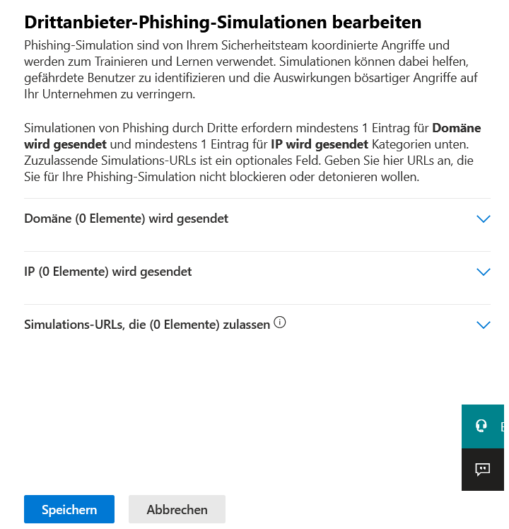 Microsoft Defender Dialog Drittanbieter-Phishing-Simulationen bearbeiten mit den noch leeren, einklappbaren Abschnitten Domäne wird gesendet, IP wird gesendet und Simulations-URLs die zulassen, darunter die Schaltflächen Speichern und Abbrechen.