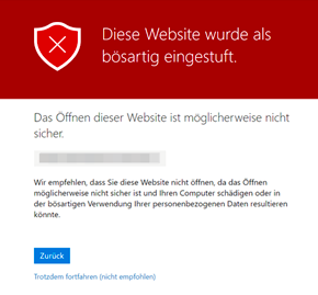 Beispiel einer Warnseite von Microsoft Defender mit dem Hinweis Diese Website wurde als bösartig eingestuft und dem Warntext, dass das Öffnen möglicherweise nicht sicher ist. Darunter die Schaltflächen Zurück und Trotzdem fortfahren (nicht empfohlen).