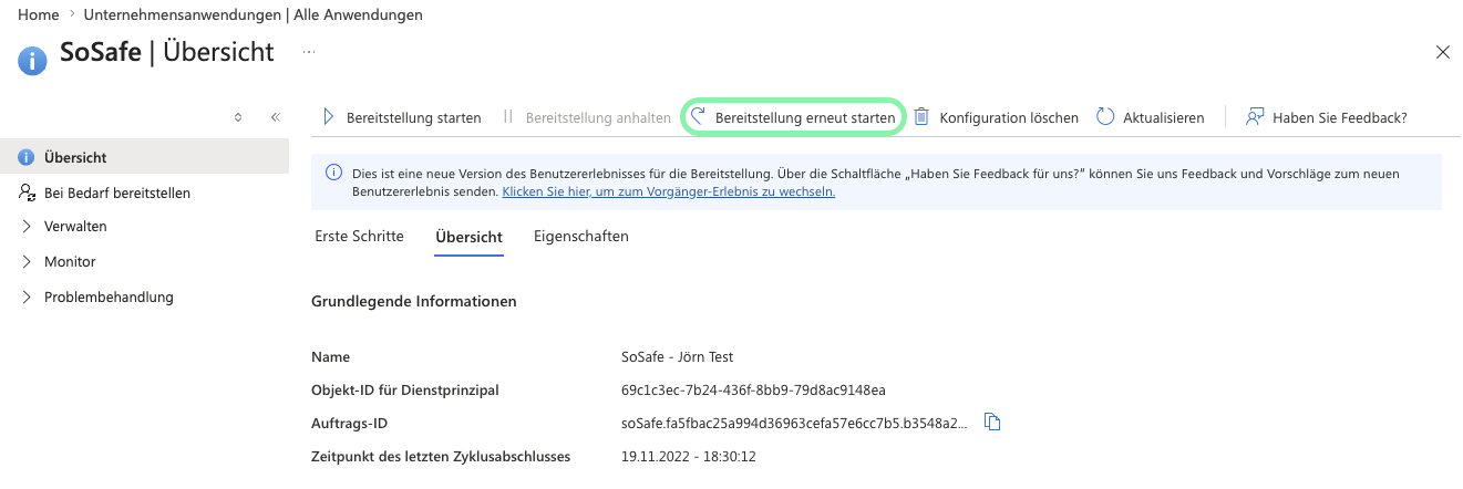 Azure-Portal, Bereitstellungs-Übersicht der Unternehmensanwendung SoSafe, mit grün markierter Schaltfläche Bereitstellung erneut starten neben Bereitstellung starten und Bereitstellung anhalten. Darunter der Abschnitt Grundlegende Informationen mit Objekt-ID, Auftrags-ID und Zeitpunkt des letzten Zyklusabschlusses.