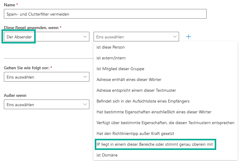 Dieselbe Regel mit der Bedingung Diese Regel anwenden wenn auf Der Absender gesetzt. Im geöffneten Dropdown-Menü ist die Option IP liegt in einem dieser Bereiche oder stimmt genau überein mit markiert, neben weiteren Optionen wie ist diese Person und ist Domäne.