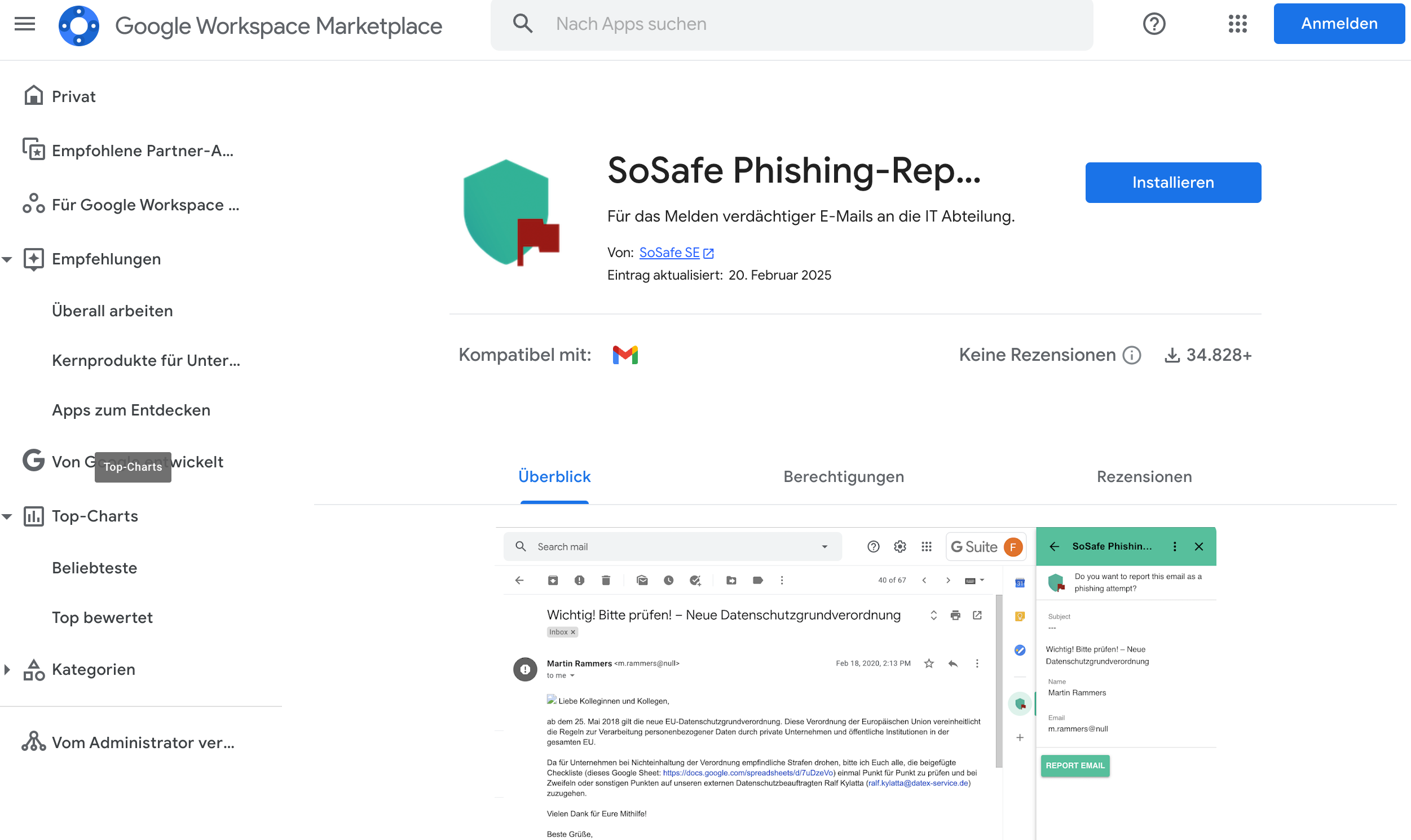 Google Workspace Marketplace, Eintrag SoSafe Phishing-Reporting mit der Schaltfläche Installieren. Darunter eine Vorschau der Gmail-Oberfläche mit geöffnetem Add-on-Bereich und der Schaltfläche Report email.