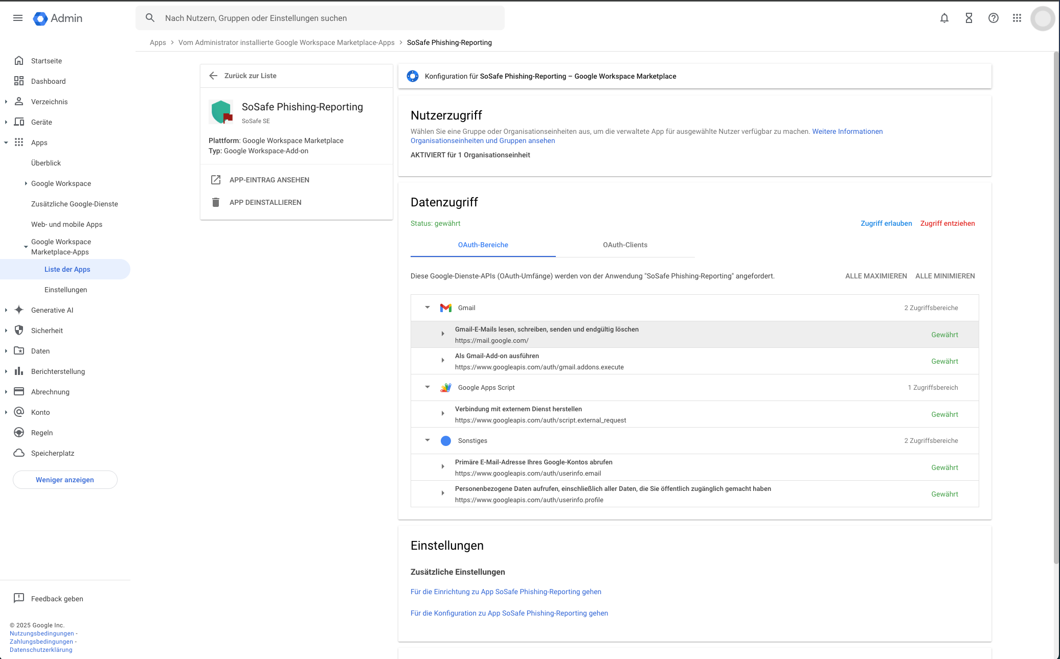 Google Admin-Konsole, Konfigurationsseite für SoSafe Phishing-Reporting. Nutzerzugriff ist für eine Organisationseinheit aktiviert, der Datenzugriff hat den Status gewährt, mit gewährten OAuth-Bereichen für Gmail, Google Apps Script und weitere Dienste.