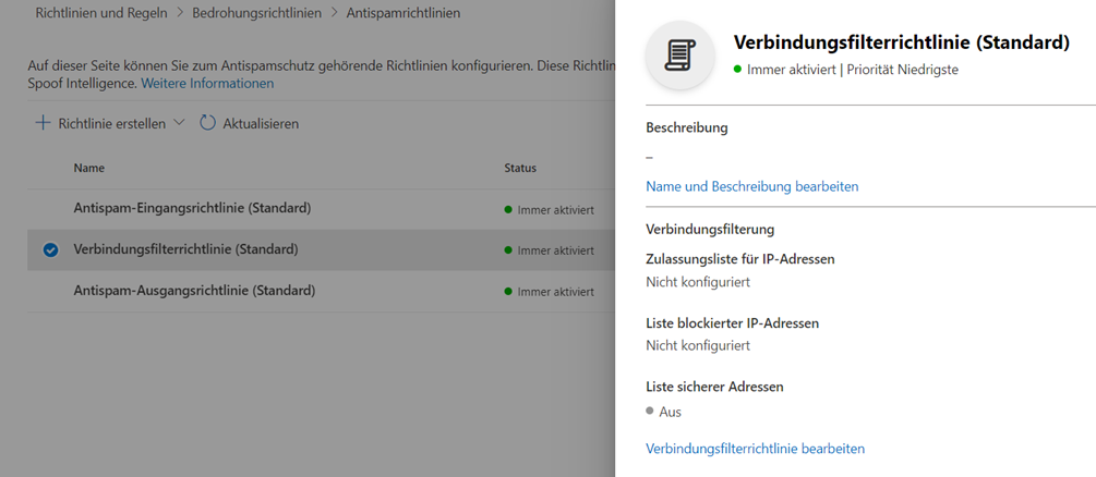 Verbindungsfilterrichtlinie-Detailbereich in Microsoft Defender, geöffnet aus der Antispamrichtlinien-Liste. Zulassungsliste für IP-Adressen und Liste blockierter IP-Adressen sind nicht konfiguriert, die Liste sicherer Adressen ist ausgeschaltet.