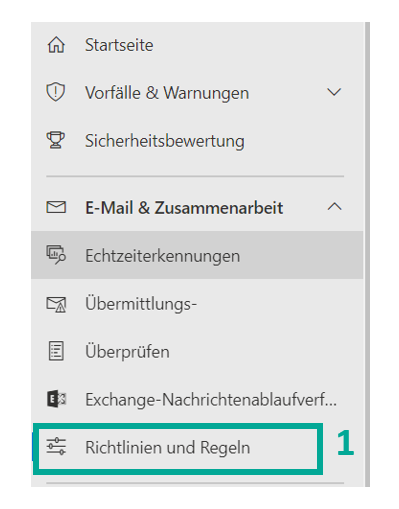 Microsoft Defender Portal, linke Navigation mit dem Bereich E-Mail und Zusammenarbeit geöffnet. Markiert ist der Eintrag Richtlinien und Regeln unterhalb von Exchange-Nachrichtenablaufverfolgung.